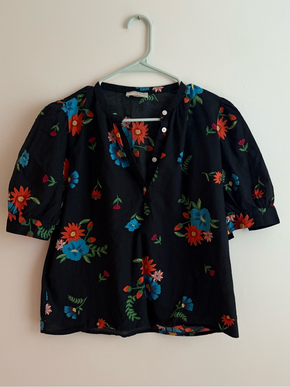 LOFT Black Floral Puff-Sleeve Blouse with Blue & Orange Flowers